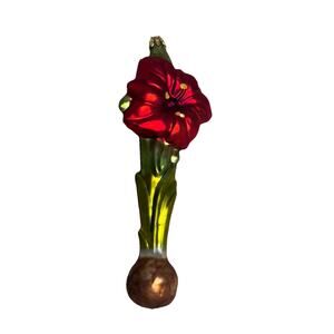 The Museum Collection Hand Blown Glass Poland Amaryllis Flowering Ornament Red